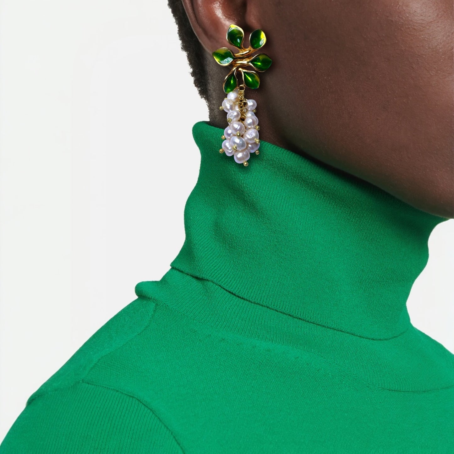 Green Floral Pearl Drop Earrings