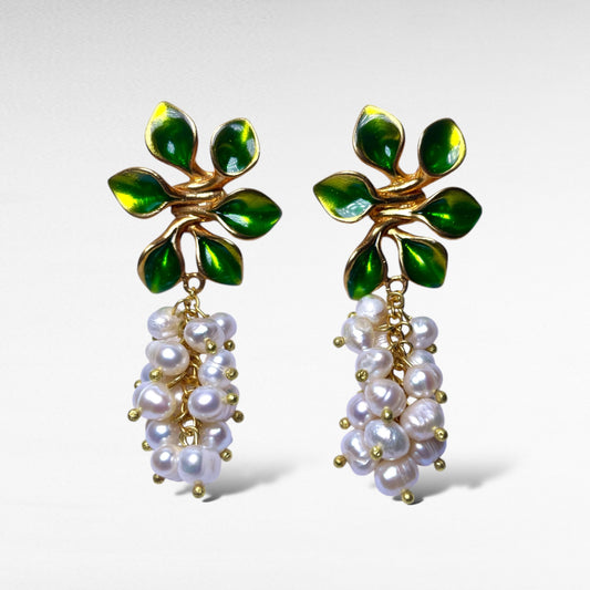 Green Floral Pearl Drop Earrings