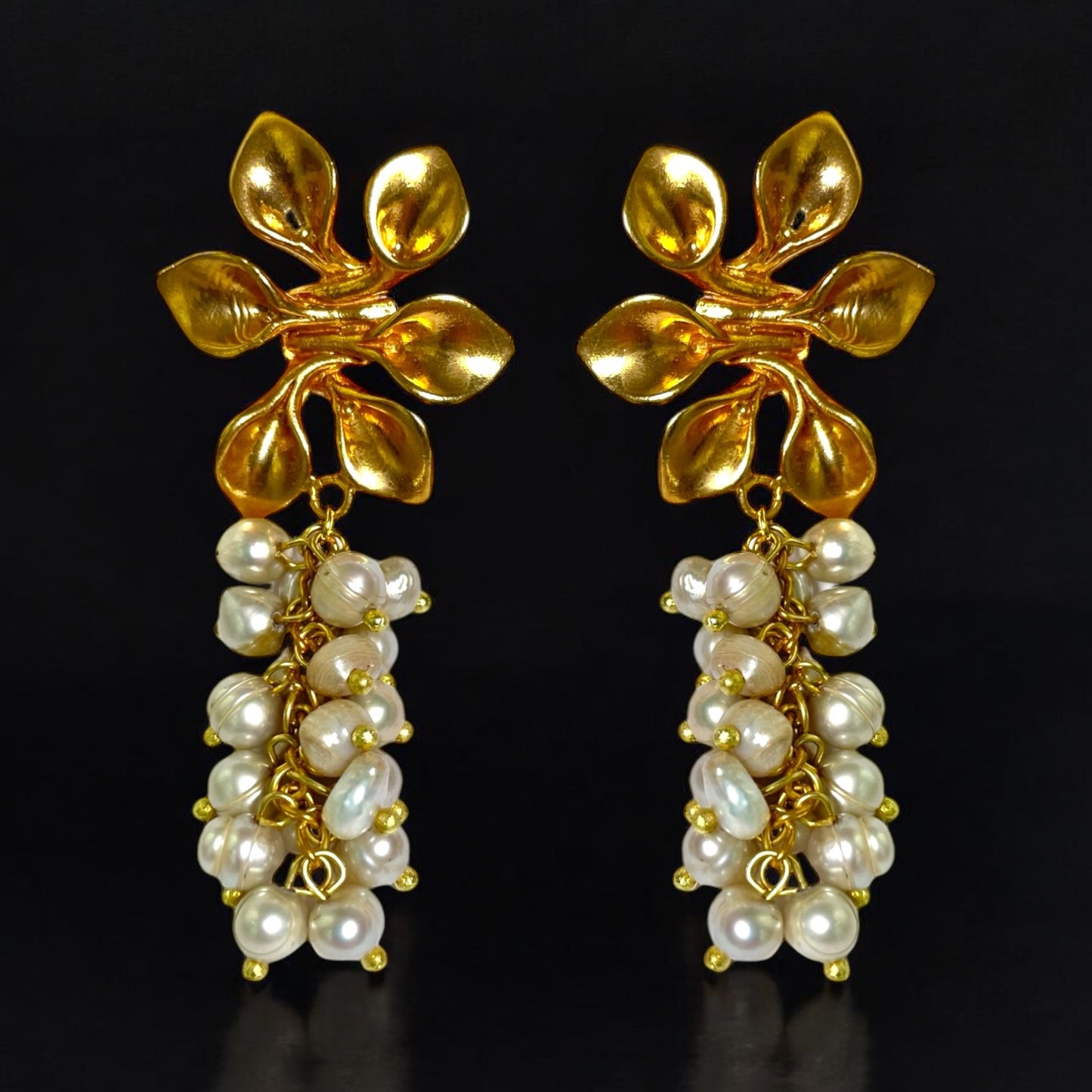 Gold Floral Pearl Drop Earrings