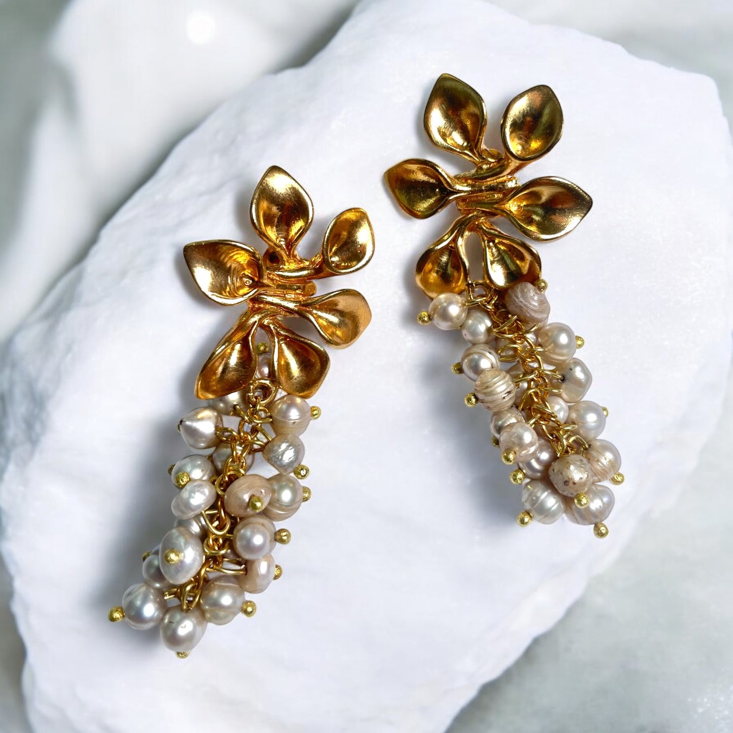 Gold Floral Pearl Drop Earrings