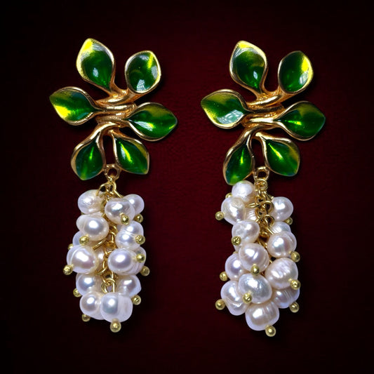 Green Floral Pearl Drop Earrings