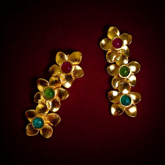 Gold Triple Drop Flower Earrings