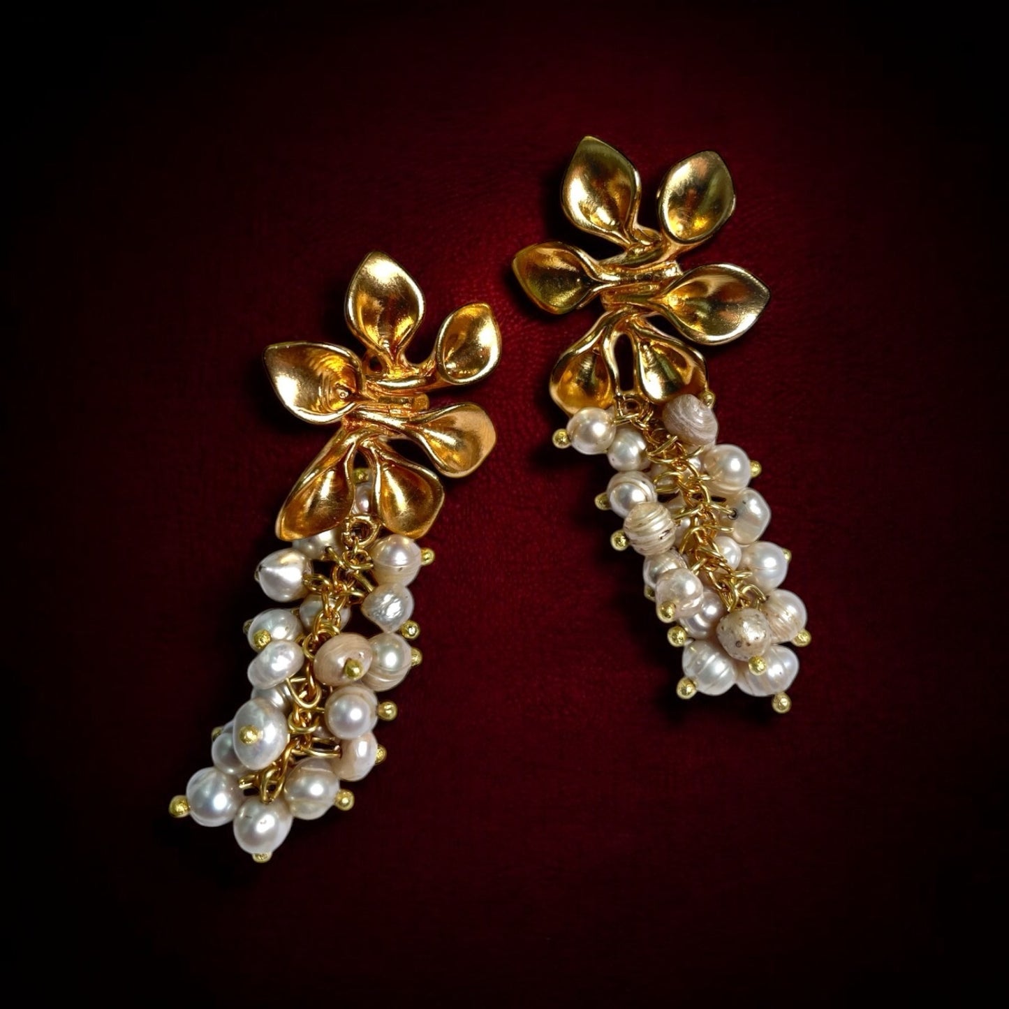 Gold Floral Pearl Drop Earrings